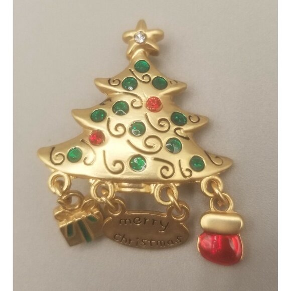Christmas Tree Brooch Pin Dangling Charms Gold Tone Red Green Present Stocking - Picture 2 of 4